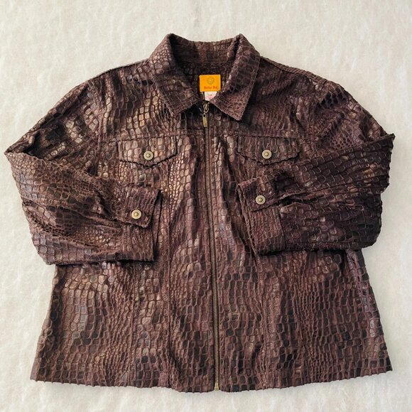 Ruby Rd. Womens Embossed Brown 3/4 Sleeve Reptile Print Full Zip Jacket Size 18 - Picture 1 of 9